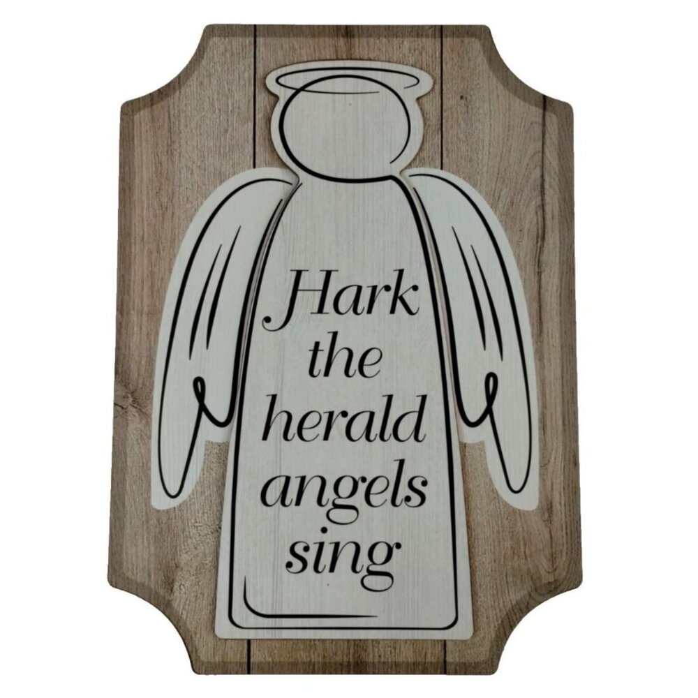 Angel Wall Plaque With "Hark The Herald Angels Sing" Text On Wood-Like Backgroun